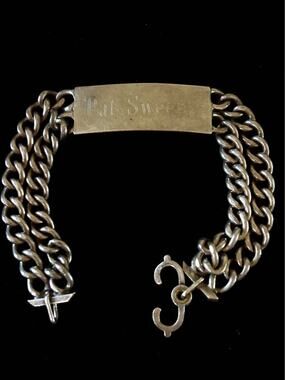 Vintage 1940s WWII Era Sterling Silver ID Bracelet, “Pat Sweeny”, 35g, 7.25”